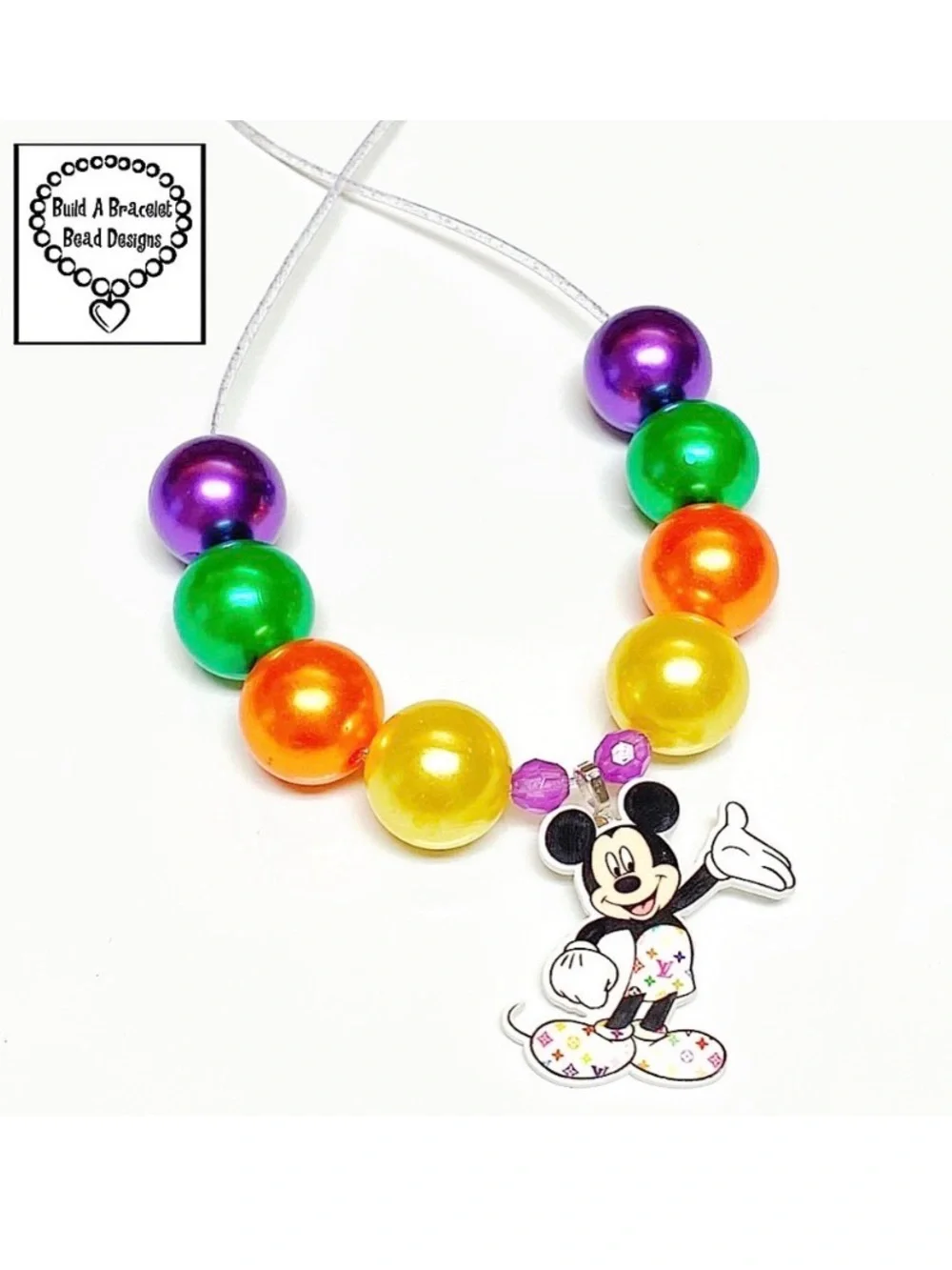 Disney Mickey Mouse Rainbow Beaded Necklace Adjustable Girls Women Handmade